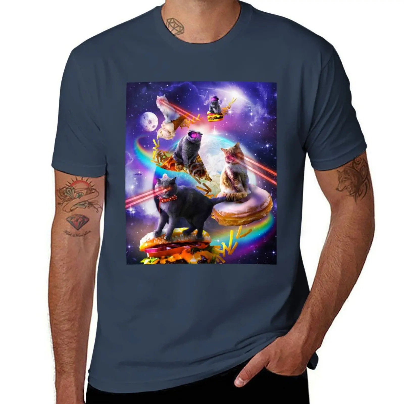 Camiseta Galaxy Laser Space Cat On Burger Pizza Donut Ice Cream, camiseta de manga corta para entrenamiento y rendimiento