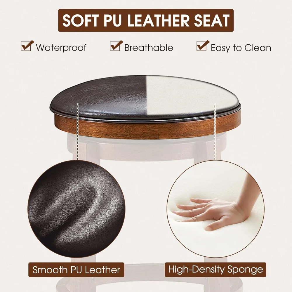 Conjunto de 2 peças de banco de haste giratória de 24 polegadas, madeira de borracha, marrom