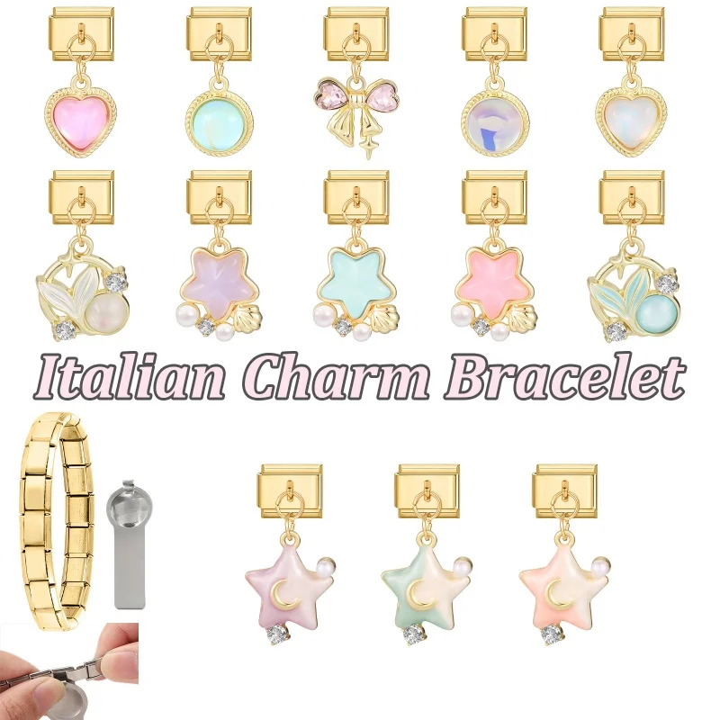 Sea Whale Jellyfish Starfish Fishtail Gold Color Pendant Italian Charm Link Fit 9mm Stainless Steel Bracelet DIY Making Jewelry