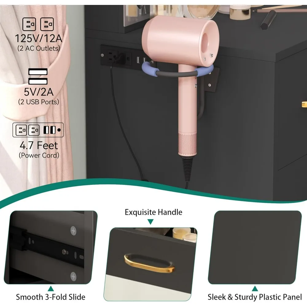 Lighted Mirror Makeup Vanity Desk with Power Outlets, Storage Drawers, and Stool