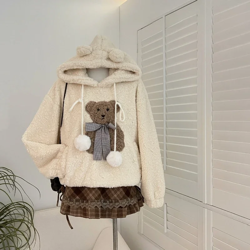 Winter Korean Style Sweet Women Lamb Wool Hooded Sweatshirt 2024 New Fashion Causal Sweater for Women Cute Brown Warm Clothing