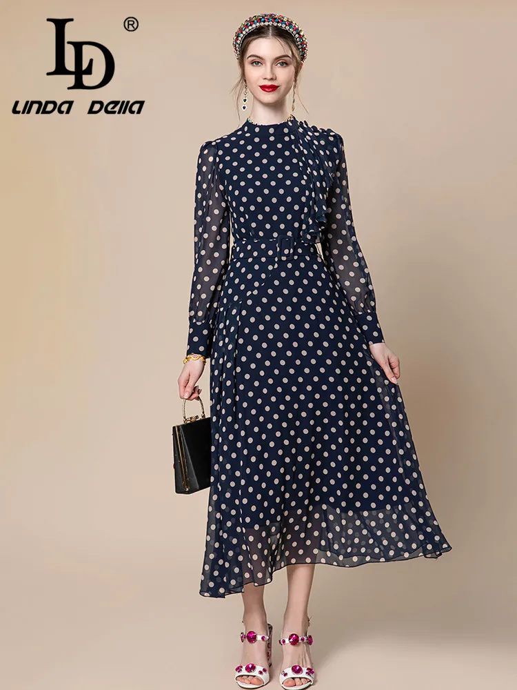 LD LINDA DELLA 2024 Autumn Cheap Casual Dress Women's Splice long sleeve Belt Wave point Chiffon Slim Fit Travel Long Dress