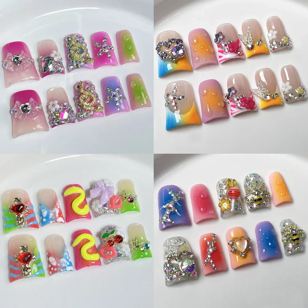 

10Pcs Y2K Handmade Duckbill Long Coffin Almond French False Nails Spice Girl 3D Flowers Diamond Pearl Wearable Press On Nails