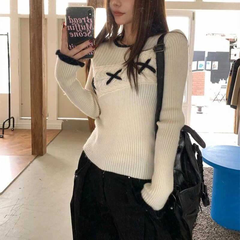 

Deeptown White Harajuku Sweater Women Vintage Long Sleeve Korean Fashion Knitted Pullovers Slim Autumn Winter Jumper Streetwear