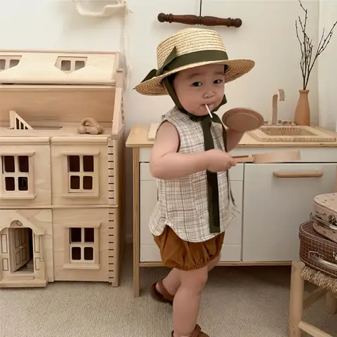 유아용 민소매 체크 무늬 조끼, 심플한 캐주얼 코트, 유아 재킷, 아기 옷, 2025 용수철 여름 신상