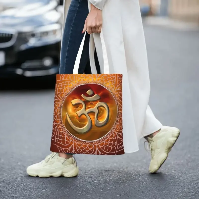 Mandala Om Groceries Shopping Bags Custom Print Canvas Shopper Shoulder Tote Bag Portable Buddhism Aum Yoga Meditation Handbag image 4