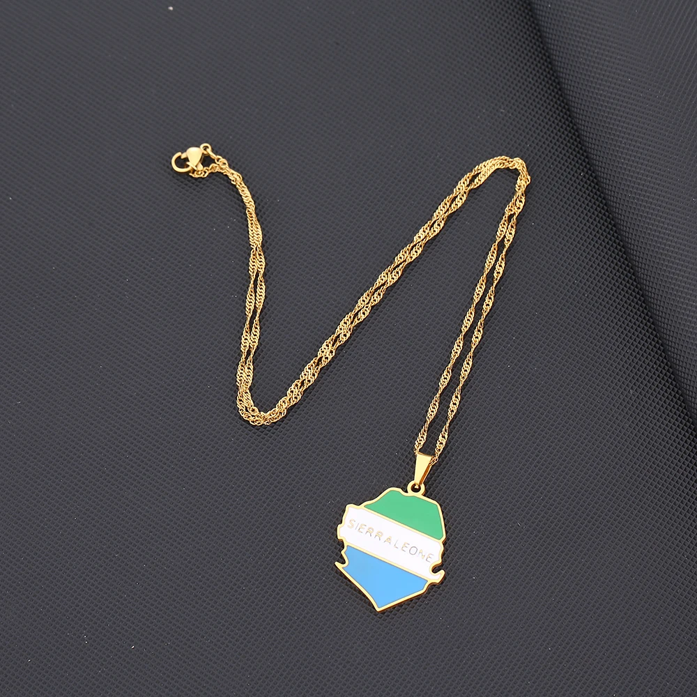 African Sierra Leone Map Flag Pendant Necklace Stainless Steel Men Women Maps Jewelry Gift