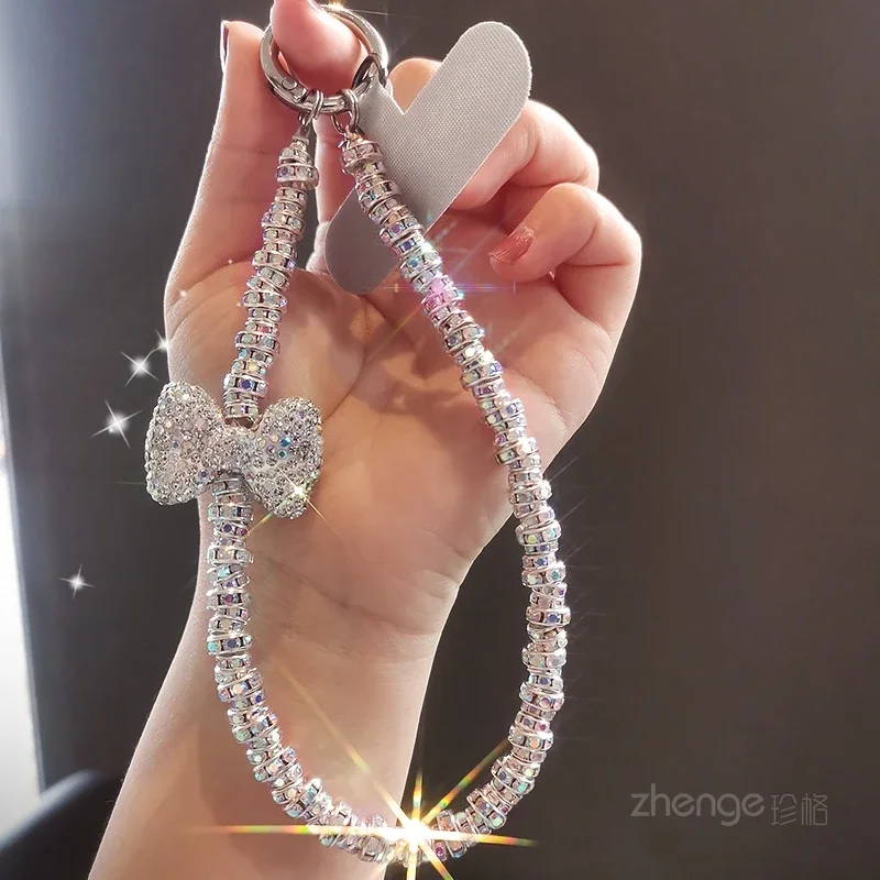 Full Diamond Bow Pendant Mobile Phone Lanyard, High-end Luxury Crystal Diamond Small Women's Mobile Phone Set Decoration Chain