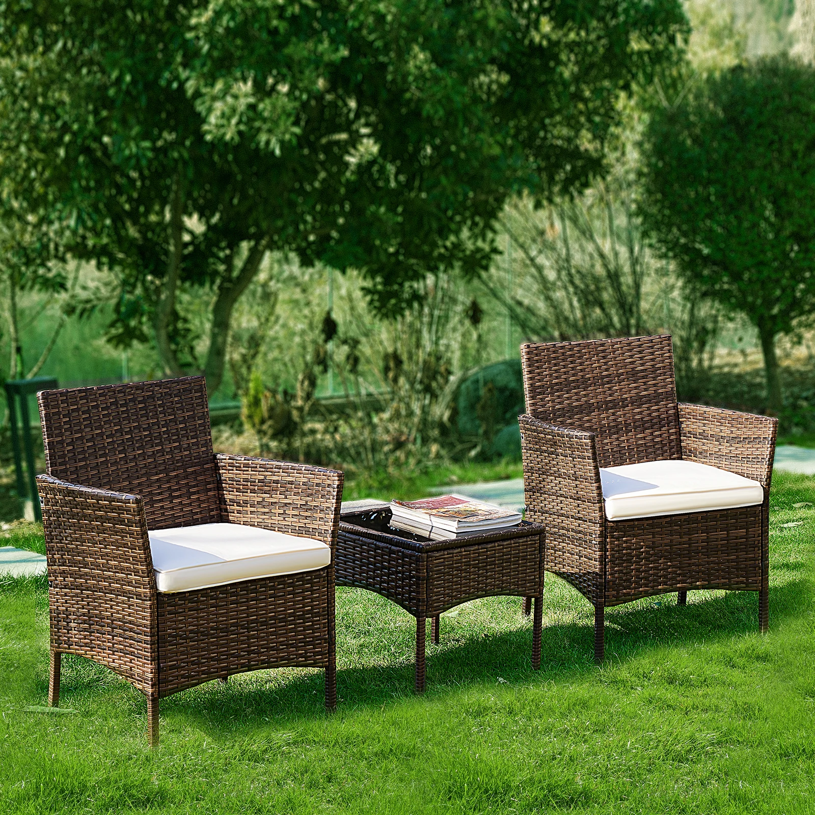 JHK Juego de muebles de jardín para exteriores, 3 piezas, con cojín suave y mesa de vidrio, sillas de patio de mimbre tejidas manuales para jardín