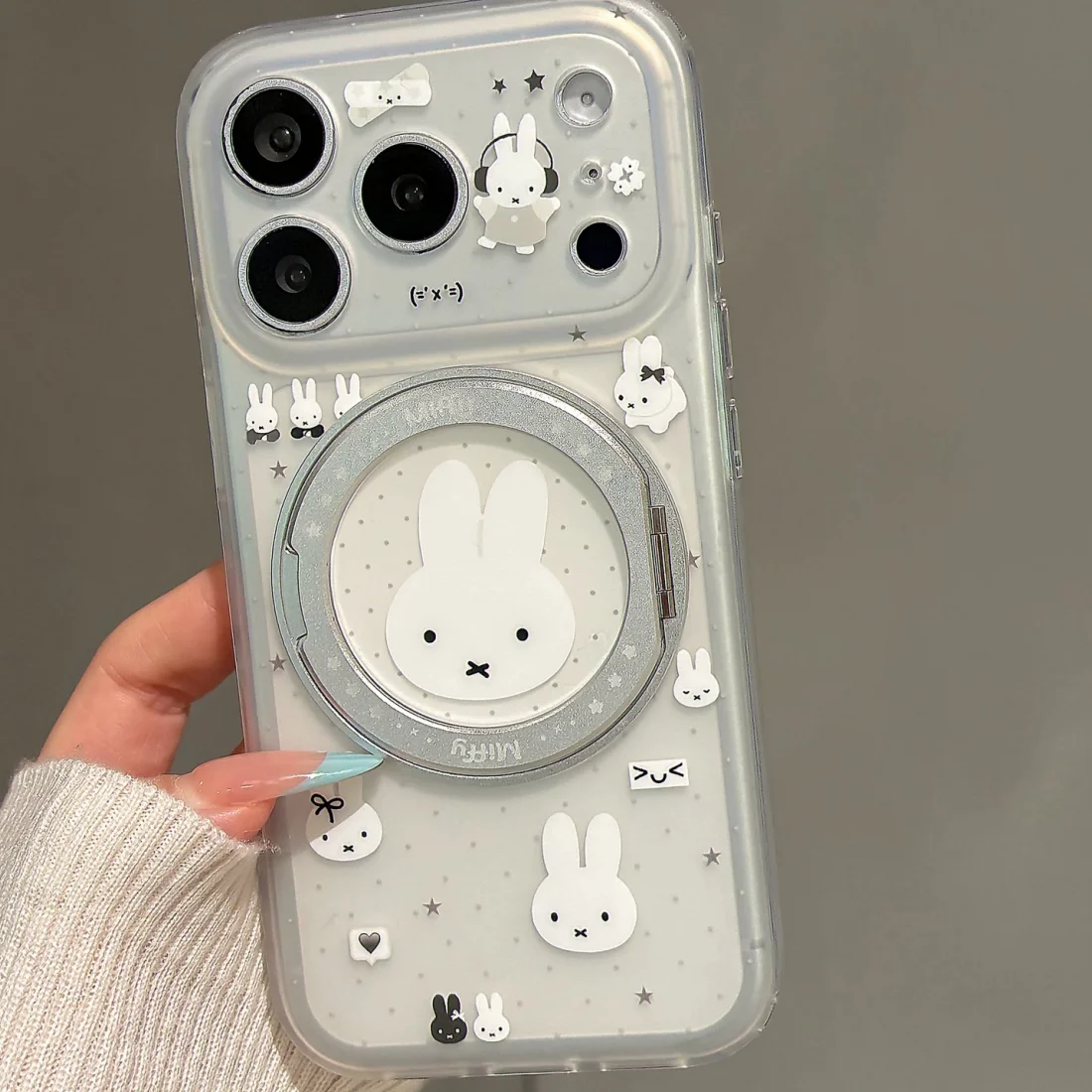 

Cute Cartoon Polka Dots Miffy Star Clear matte Phone Case For iPhone 15 16 17 Pro Max 3D Love Heart Miffy 360° Rotatable Holder