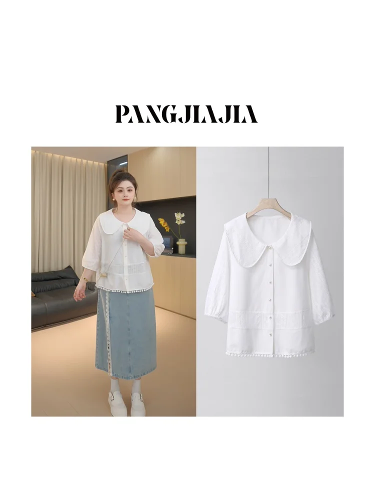 

Fat JiaJia Berlin Love Embroidered irt Spring Summer Anti-Aging Doll Collar Mid-Sve Casual Sle Loose Fit Pure Color