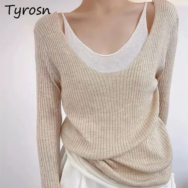 

Pullovers Women Design Niche Exposed Collarbone Fake 2pcs Sweaters Temperament College Thin Long Sleeve Gentle Bottoming Tops