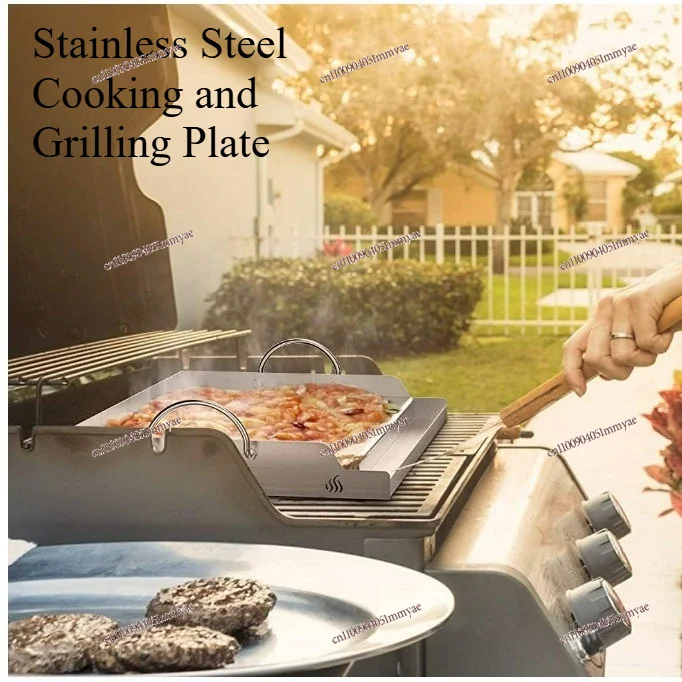 Stainless Steel Cooking Grill Plate With Oil Groove Handle Fit Gas Charcoal BBQ Rack