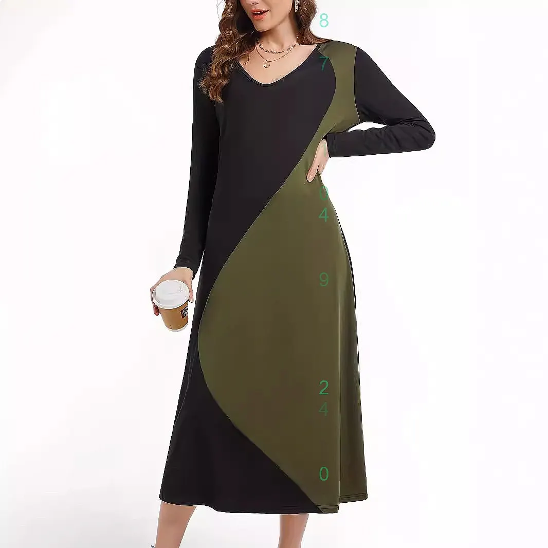 

2025 Hot Sale Color Block Contrast V Neck Tee Long Sleeve Dress, T Shirt Dresses Spring Summer
