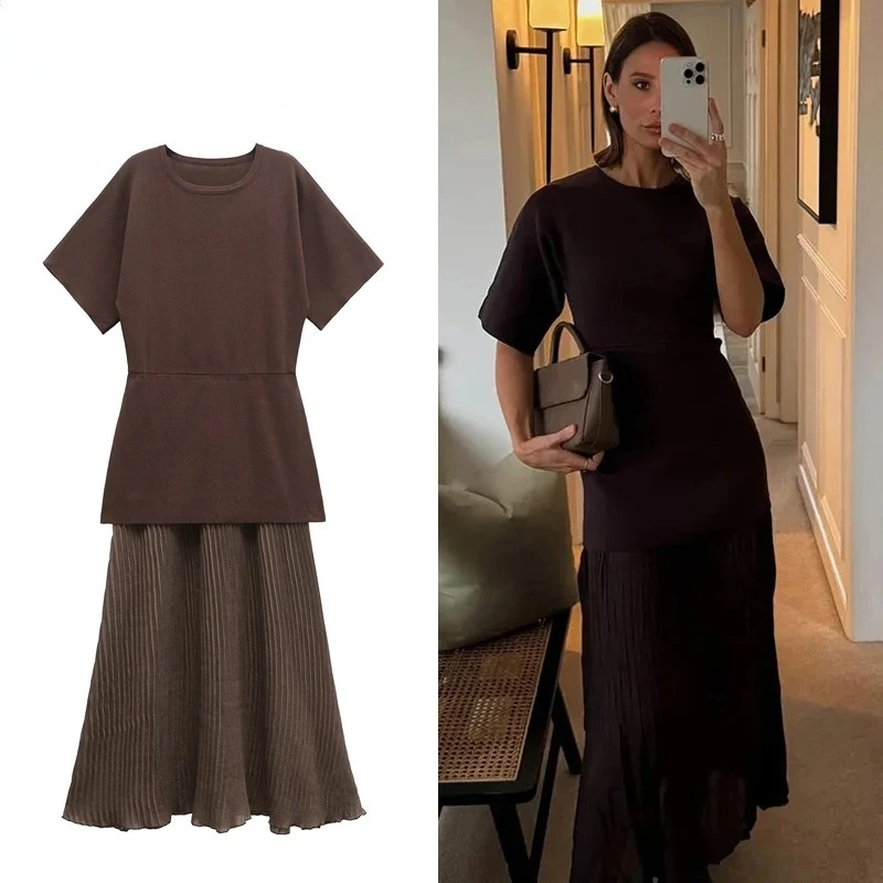 MUJER Patchwork Women's Dress Pleated Knitted Long Dresses for Women Short Sleeve Maxi Dress Woman Vintage Party Womens Dresses