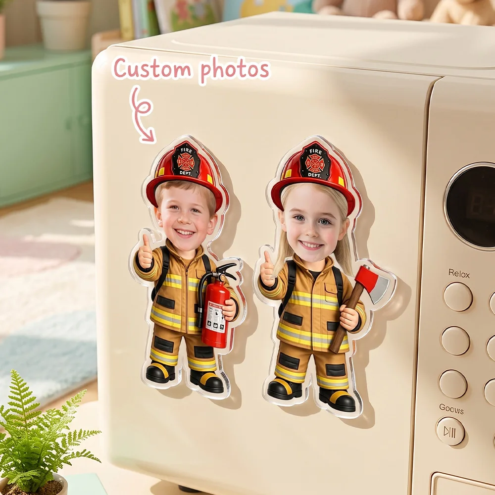 Personalized Custom Photo Firefighter Acrylic Fridge Magnet, Custom Face Picture Refrigerator Magnet, Unique Keepsake Gift