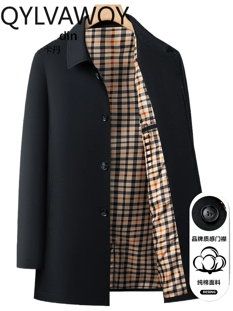 

QYLVAWOY Cotton Men's Trench Coat Spring Autumn Middle-Aged Elderly Lapel Business Casual Mid-Short Jacket Outerwear LJ2800