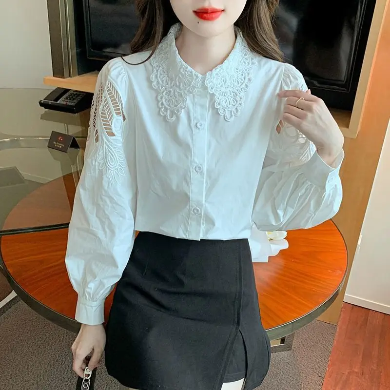 

New Long Sleeve Hollow Out Office Blouse Spring Autumn Embroidery Temperament All-match Shirt Tops Korean Fashion Women Clothing