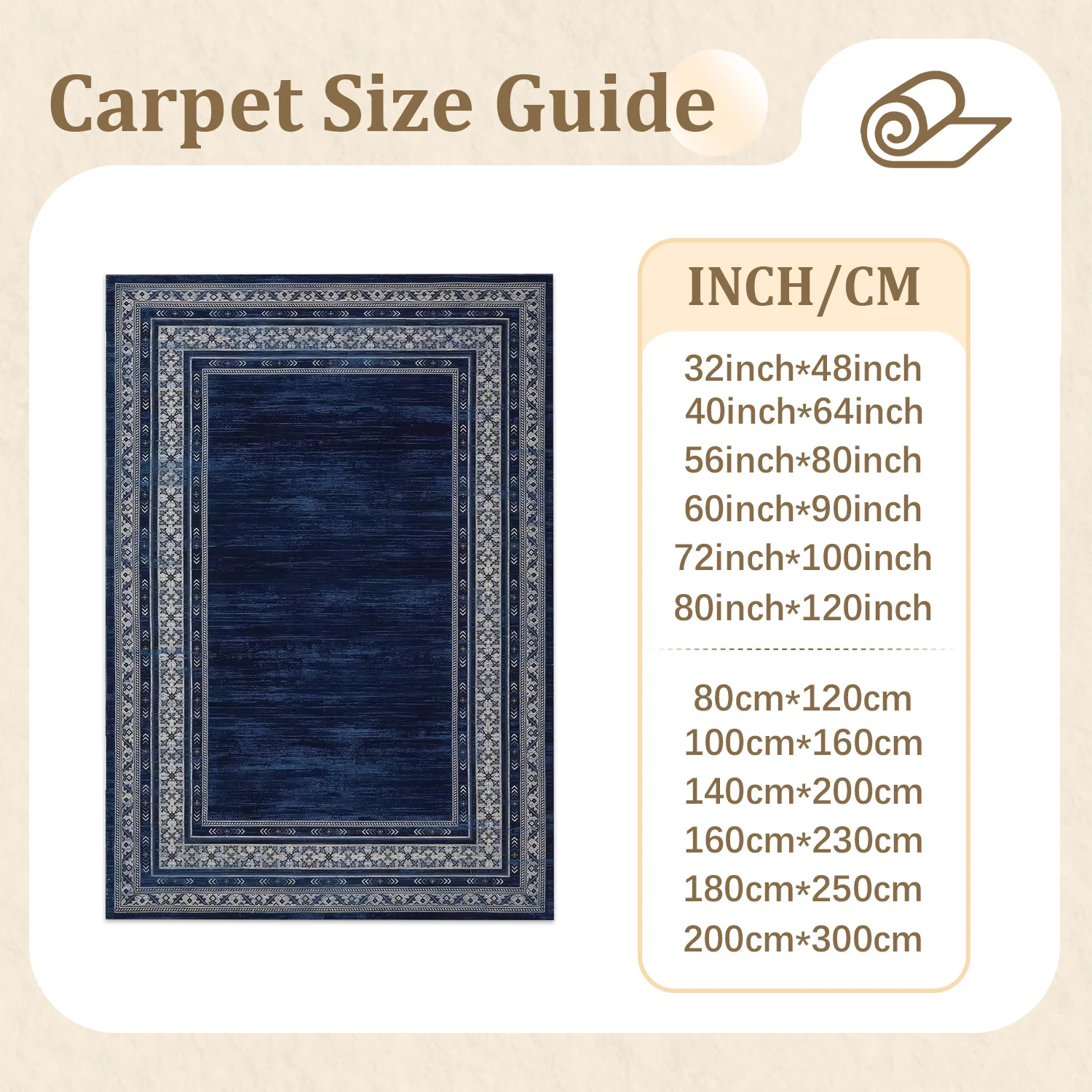 Large Indoor Area Rug, Soft Velvet Low Pile Rug with Non-Slip Dotted Backing, Machine Washable Dark Blue Traditional Border Floor Rug for Living Room and Bedroom
