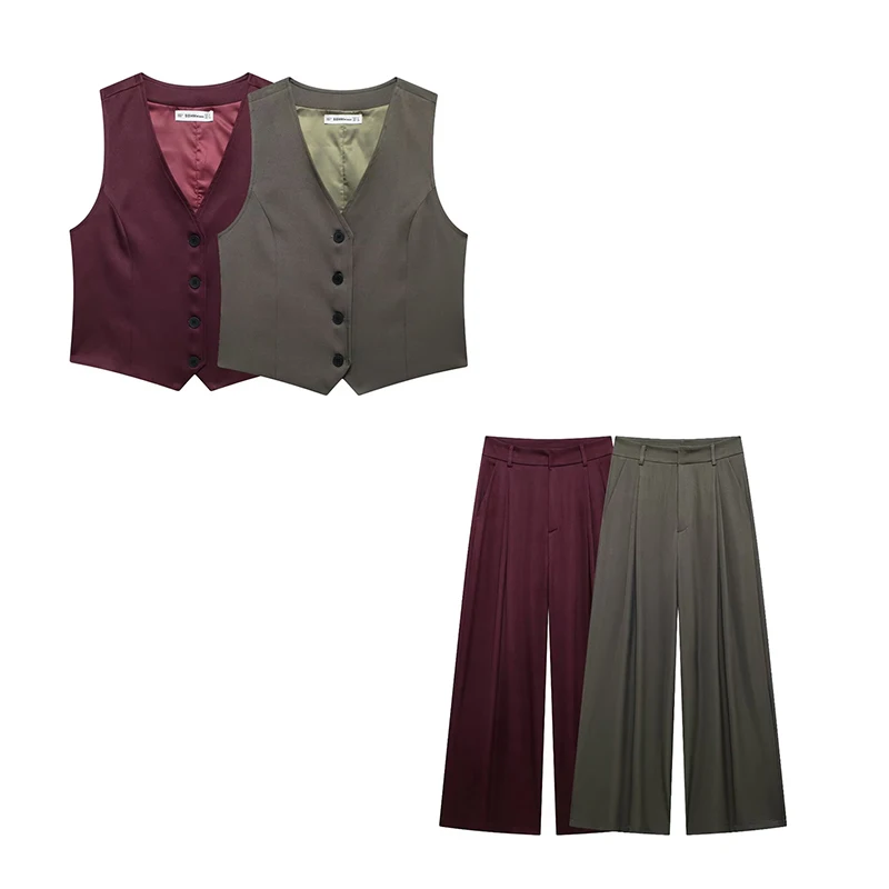 YUEYANG Women Fashion Elegant Wine Red Vest Pants Set Female Tailored Waistcoat Straight Pleated Trousers Outfits