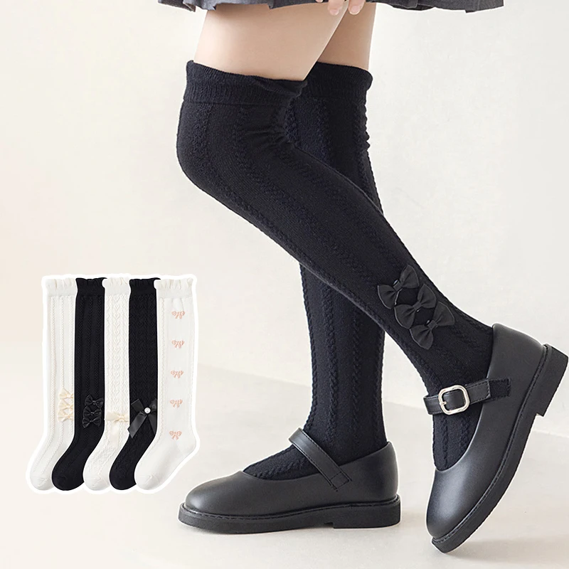 

Sweet Bow Girl Calf Sock Spring Summer Kids Knee High Socks Lolita Children JK Stockings Solid Color Long Socks Cotton Footwear