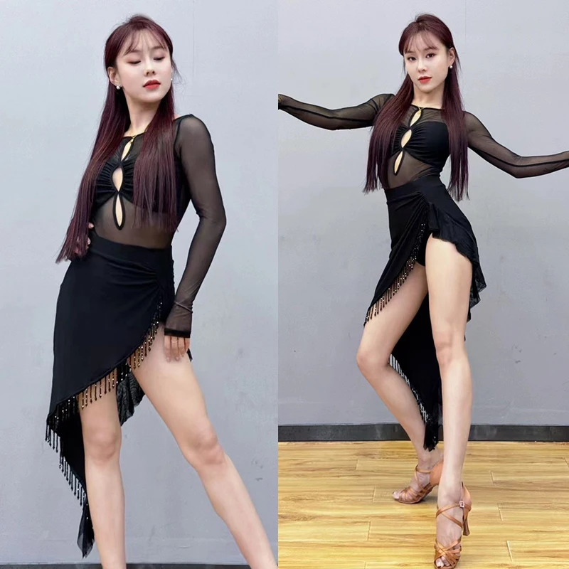 

Sexy Latin Dance Clothes Mesh Black Tops Irregular Fringe Skirt Rumba Tango Dance Performance Clothing Practice Dress DNV23436