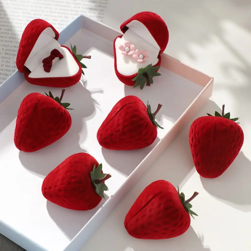 Flocking Strawberry Ring Jewelry Box, Velvet Mini Earring Storage Case Romantic Gift Box for Wedding Engagement Proposal