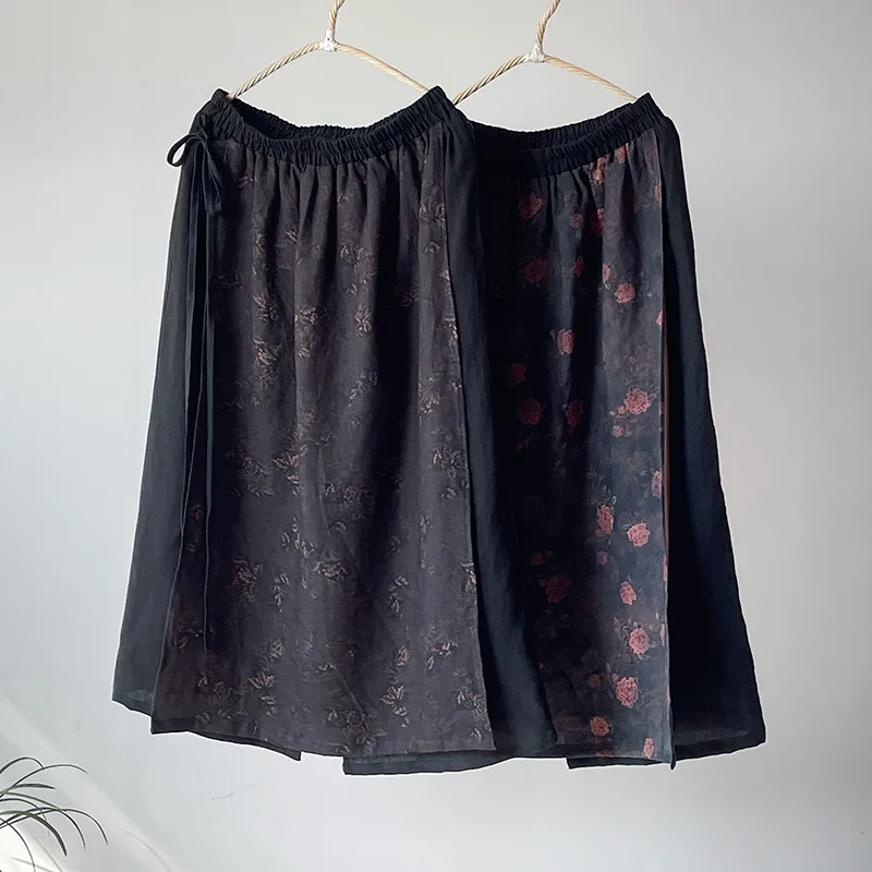 Literary Floral Print Ramie Skirts Women Original Design A-Line Long Double Layer Casual Elastic Waist Skirt High Waist Vintage