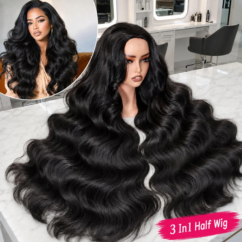 SIXQUEEN Body Wave 3 IN 1 Half Wigs Human Hair Upgrade Seamless Clip Ins Flip Over Wig 250 Density Curly 3 IN 1 Half Wig Full Machine With Drawstring
