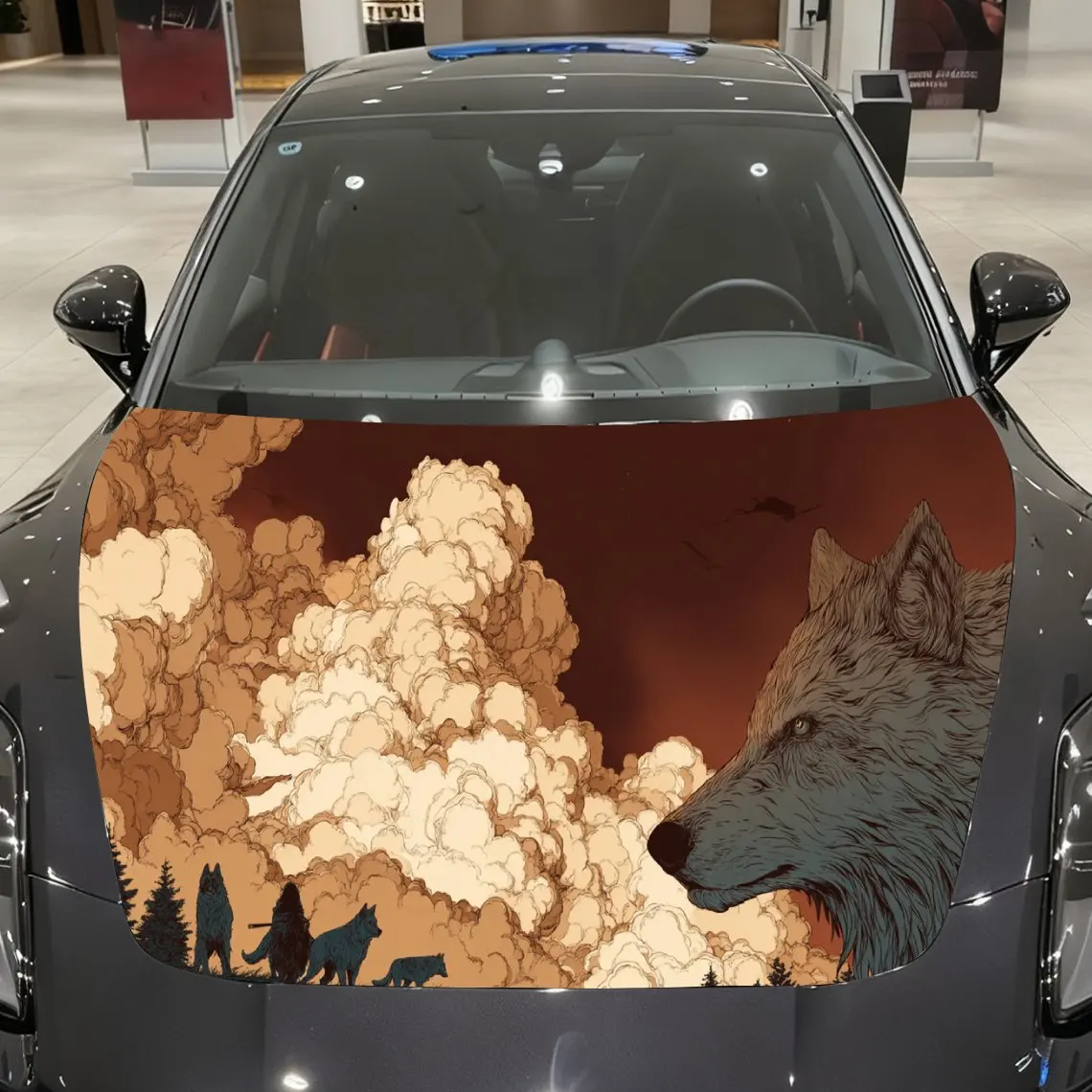 

Artistic Brown Wolf and Wolf Pack - Clouds Auto Cover Sticker, Waterproof and Self-adhesive Auto Hood Decal, Auto Vinyl Wraps, C