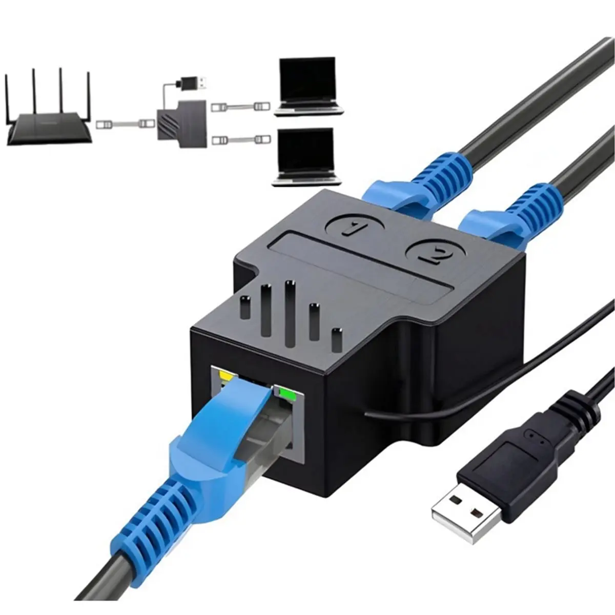 Ethernet Splitter 1 to 2 RJ45 Network Splitter Ethernet Adapter LAN Internet Cable Adapter for Cat 5/5e/6/7/8 Cable