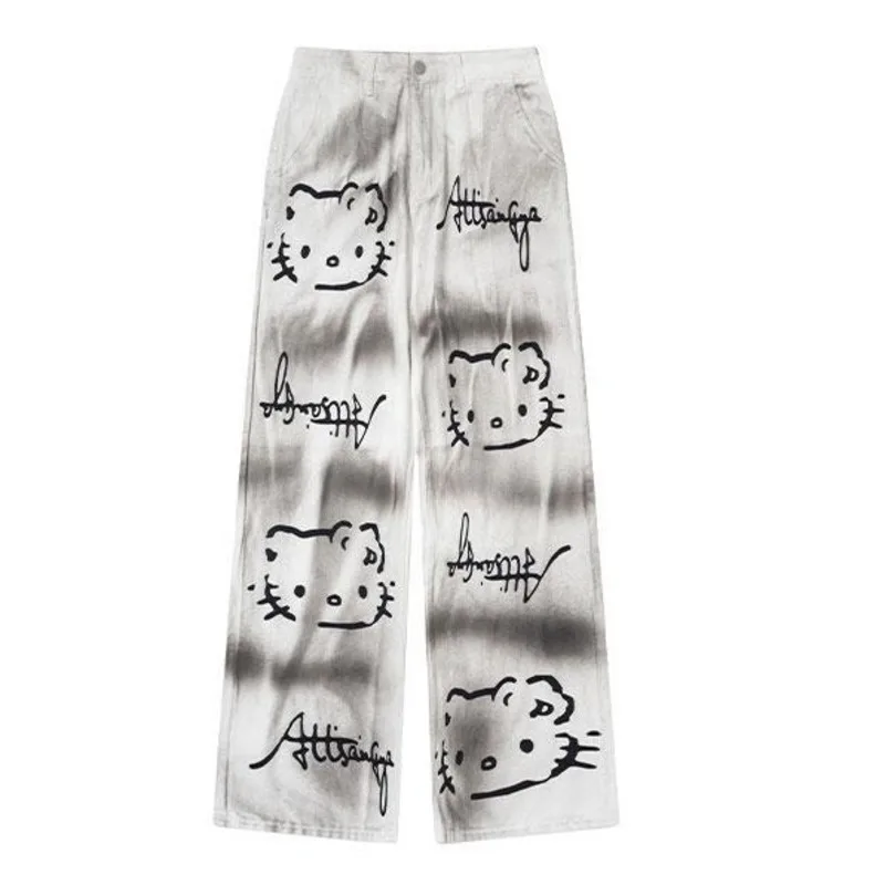 Sanrio Hello Kitty American Style Vintage Couple Jeans Men Women Unique Design Trend Denim Pants Loose Casual Straight Leg Pants