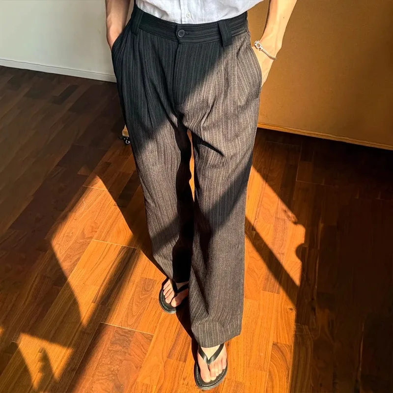 Spring Summer Men Pinstripe Pants High Waist Wide Leg Relaxed Fit Casual Office Trousers