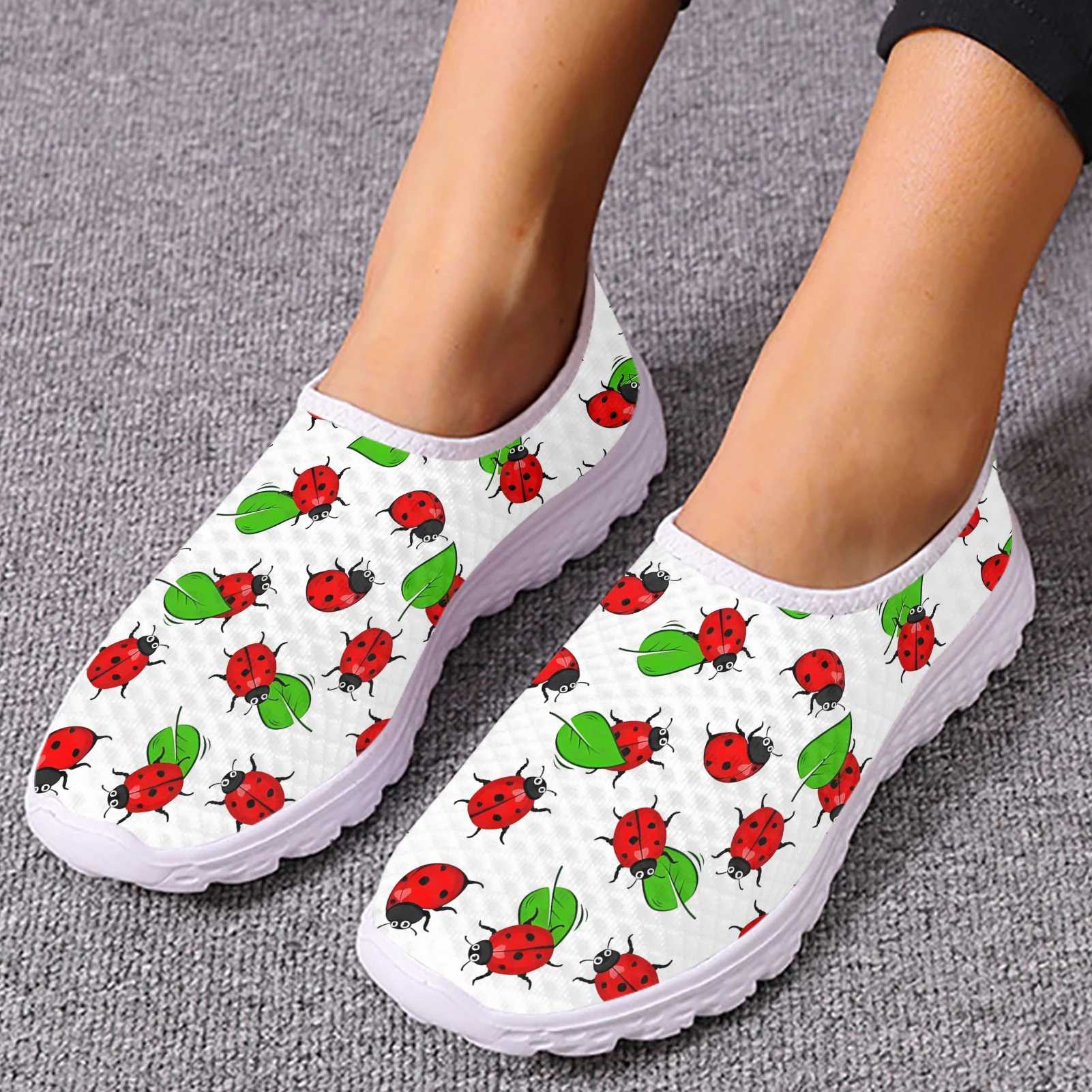 INSTANTARTS Seven-star Ladybug Comfortable Breathable Loafers For Women With Cartoon Insect Print Slip-on Shoes Mesh Shoes Flats