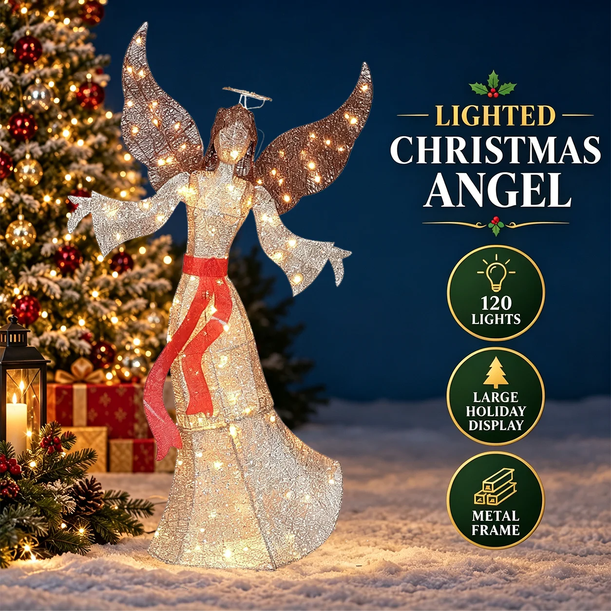 1Pc 150cm Light-Up Christmas Angel Display Piece, Lit By 120 Warm White LEDs, Red Ribbon Accent - Versatile Floor Decor For Scandi-Minimal Living Room, Shop Window, Cafe, Gallery Entry, Reception Area Or Seasonal Window Display, Lighted Holiday Displays