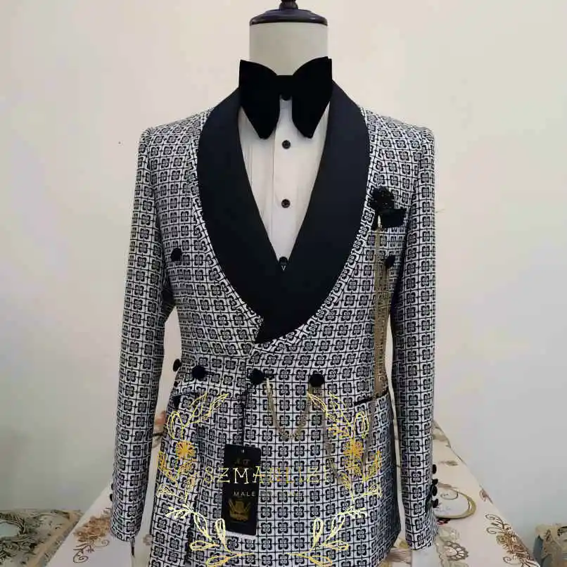 Double Breasted 2 Piece Wedding Men Suits Floral Plaid Groom Tuxedos Formal Suits for Party Best Man Shawl Lapel Blazer Pants