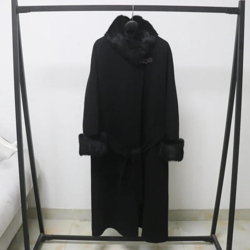 2026 Fashion Double-sided Wool Coat Women Long Cashmere Overcoat Autumn Winter Fur-collar Sashes Loose Coat Streetwear Outerwear