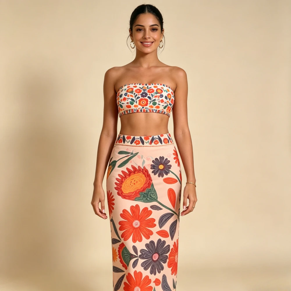 Women 3PCS Floral Print Bandeau Bikini Set Strapless Tube Top High Waist Mermaid Long Skirt Beach Bathing Suit Swimwear Outfit