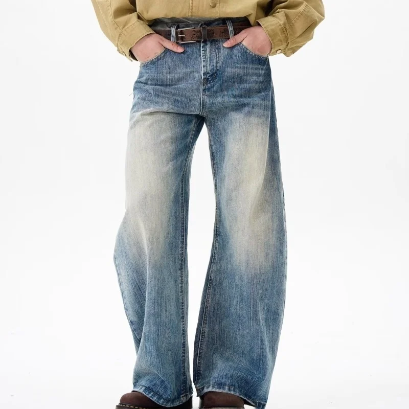 Celana Jeans Pria Motif Bambu Amerika Retro, Model Longgar Pinggang Tinggi Kaki Lurus, Celana Bent Knife Trendi untuk Pasangan, Celana Denim Kasual