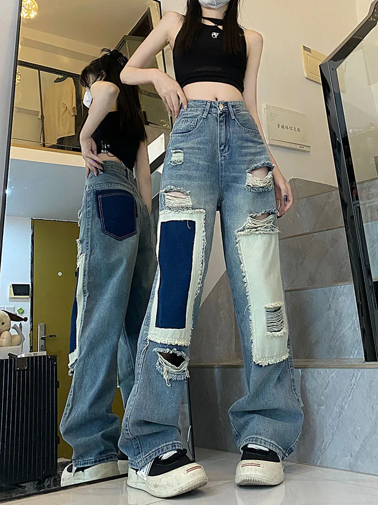 

American Patch Ripped Baggy Jeans Women Retro Hip Hop Contrasting Color High Waist Straight Jeans Fashion Casual Wide Leg Pants