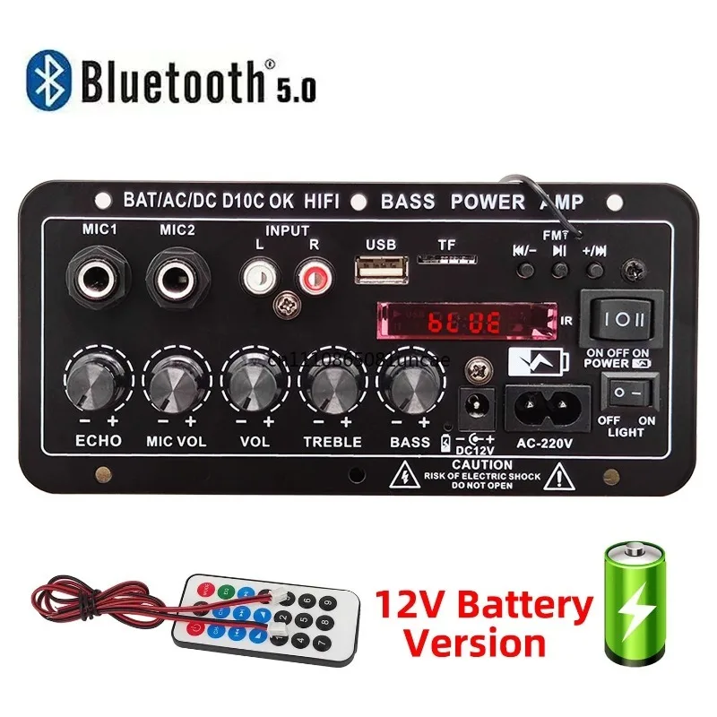 

220V 12V Digital Bluetooth Amplifier Board Subwoofer Dual Microphone Karaoke Amp Speaker Home Theater DIY Rechargable Version