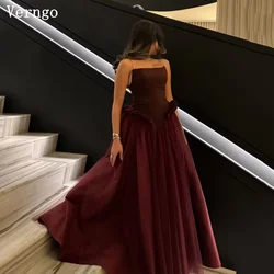 Verngo Burgundy Tulle Prom Gown Strapless A Line Arabic Formal Occasion Dress Simple Elegant Evening Dress Customized