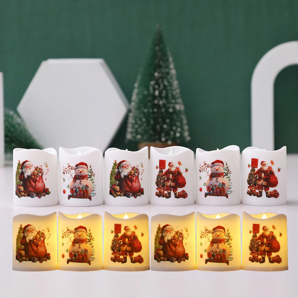 12pcs Christmas LED candles, flameless candle, Candle with Christmas Pattern, Santa Claus, Snowman Candles, warm white