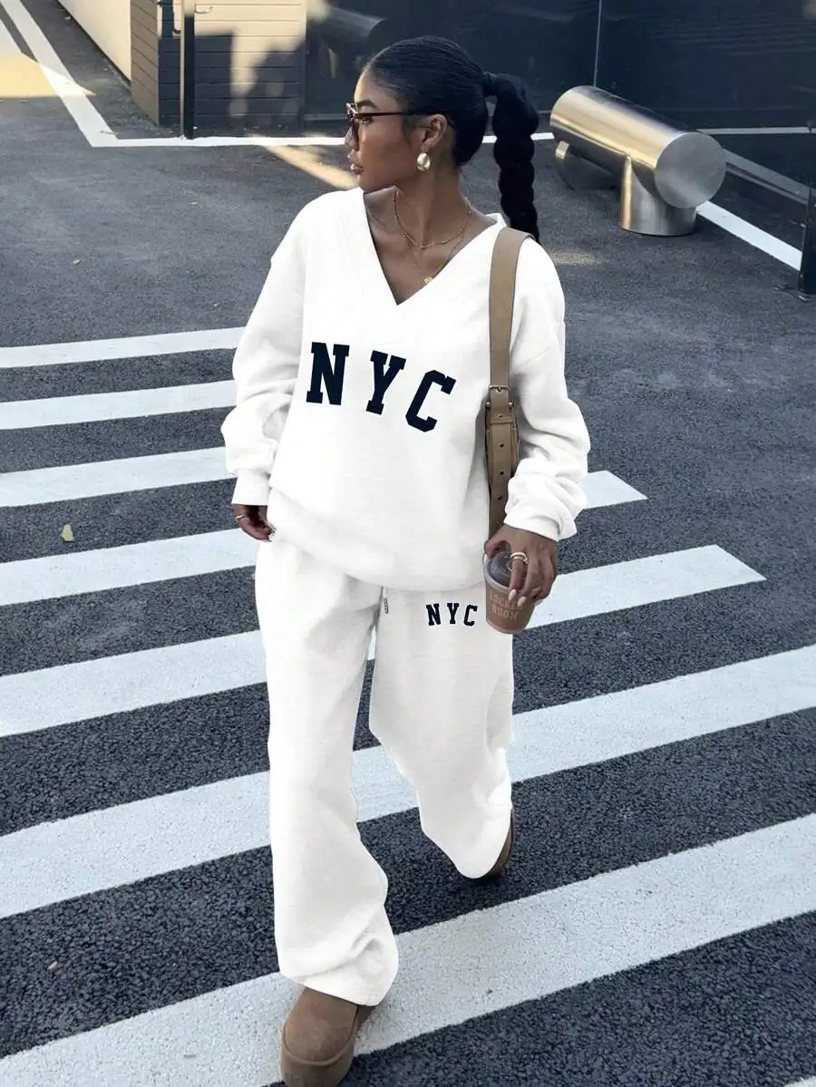 

NYC Print V-Neck Oversized Fleece Sweatshirt And Sweatpants Set Casual Autumn Winter