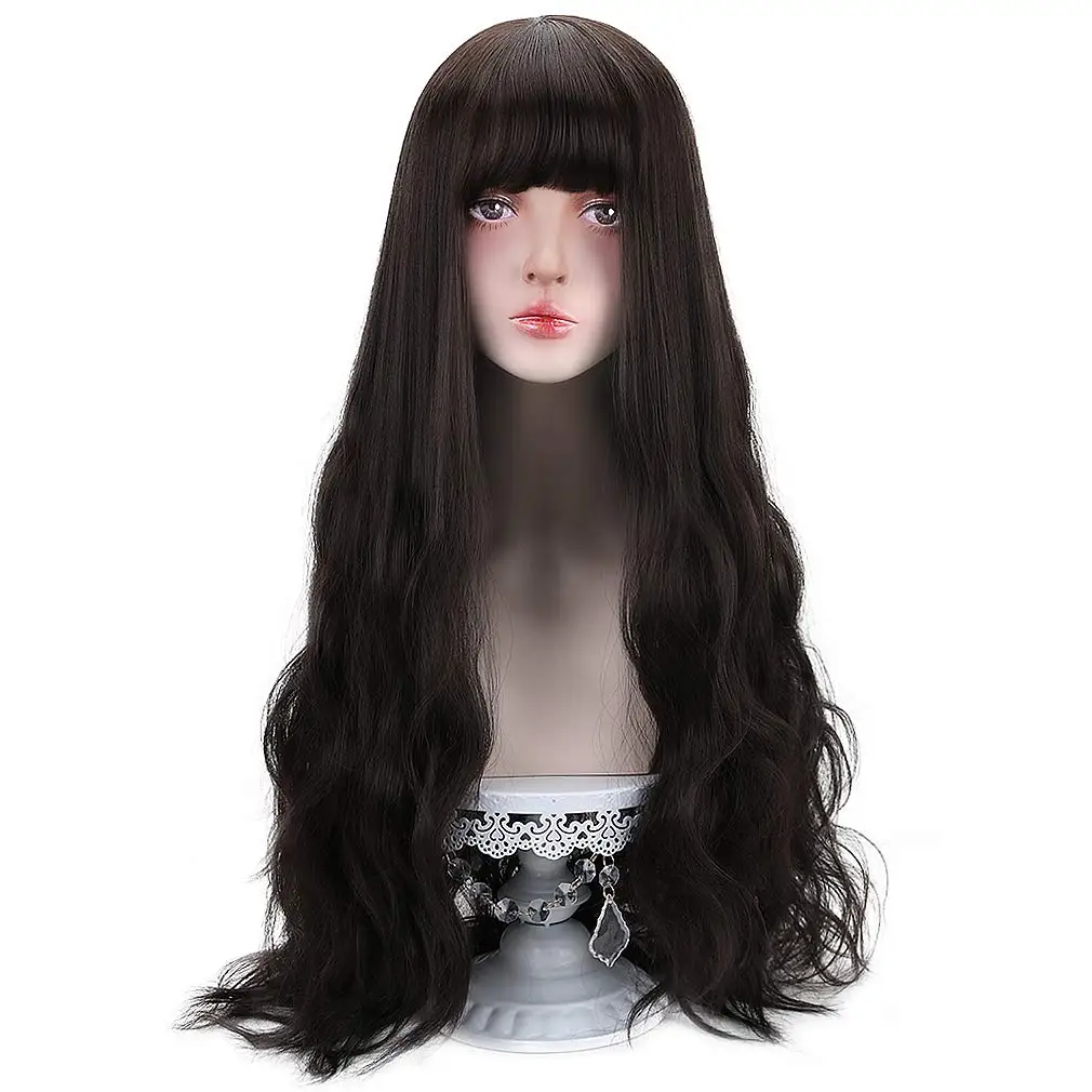 Peluca sintética negra larga con flequillo para mujer, pelucas de cosplay onduladas largas naturales para Halloween y Navidad, 30"