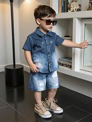 2025 New Imitation Cotton Fabric Denim Digital Print Lapel Short Sleeve Shorts Version Trend Retro For Boys Outdoor 2 Sets