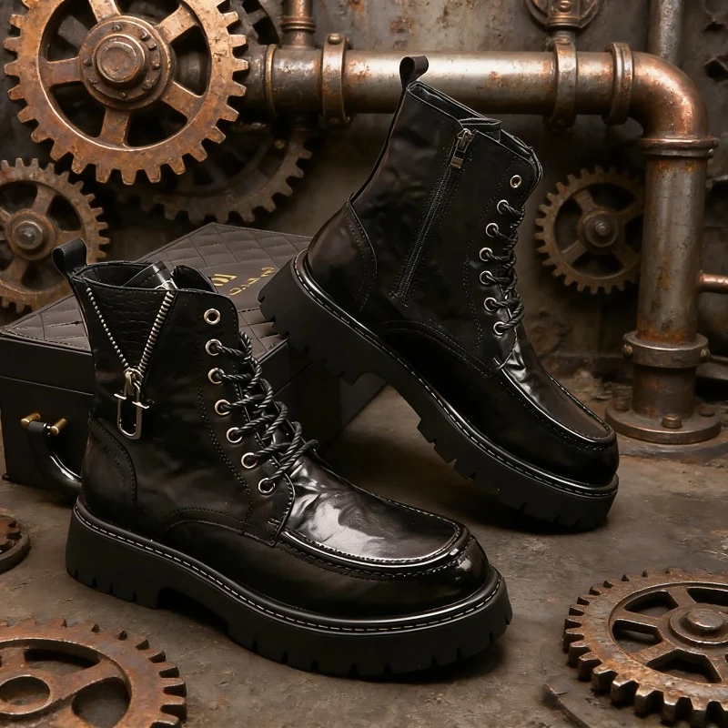 Fashionable Trendy Young Men's Boots High Top Casual Thick Soled Men Leather Ankle Boots for Men Retro Short Boots