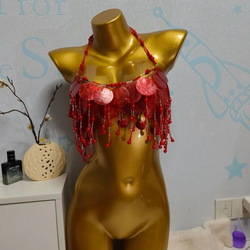 Handgefertigtes Funkelndes Meeresfeen-Top-Kostüm für Frauen, Bauchtanz-Outfit mit Grünen und Roten Perlen, Pailletten-Besetztes Oberteil, Rave-Outfit, Perlen-BH-Oberteil – Detail 16