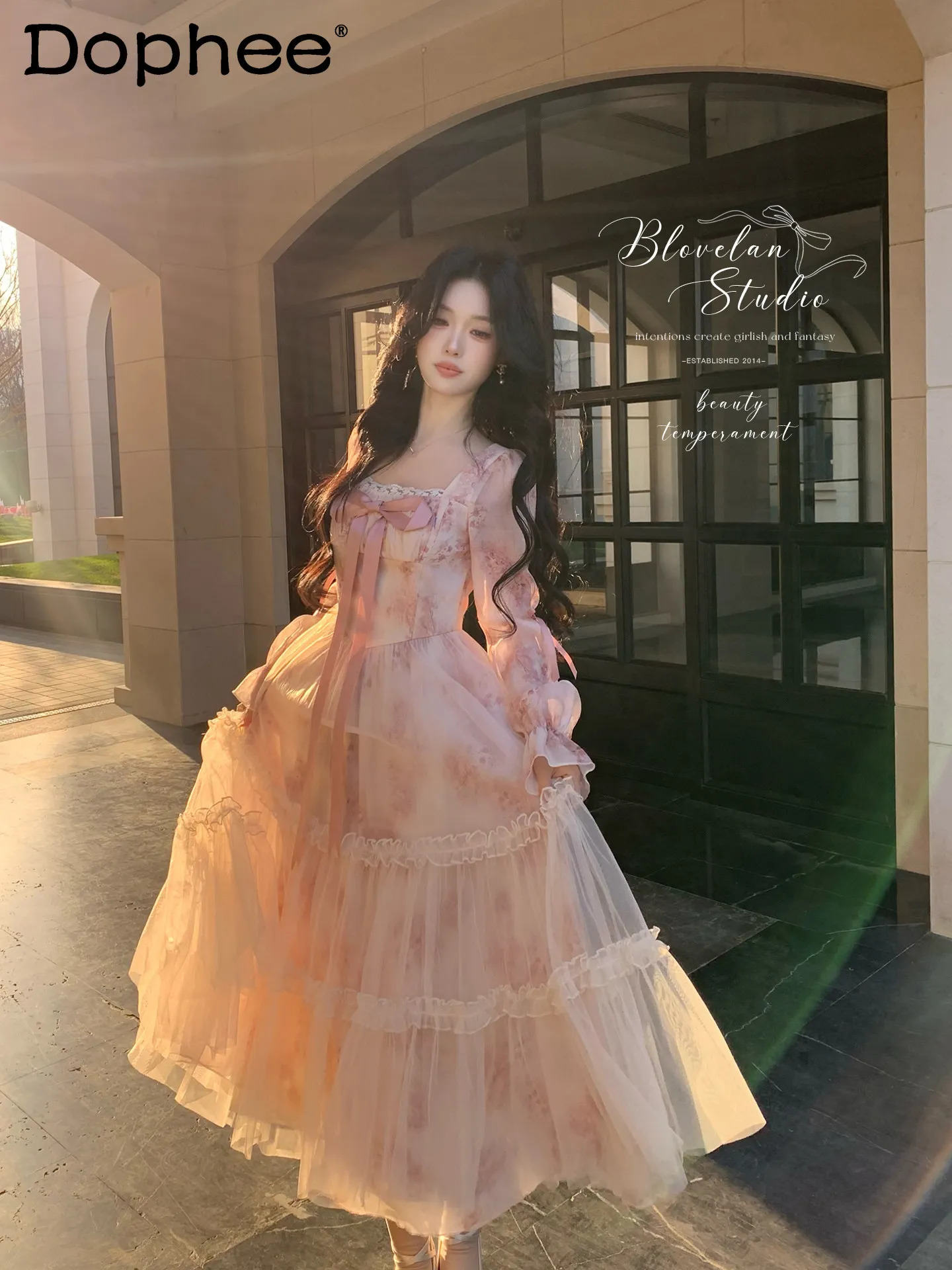 

Gentle and Elegant Lady Print Mesh Square Neck Dress Sweet Girl Bow High Waist Early Spring Long Sleeves Long Dress