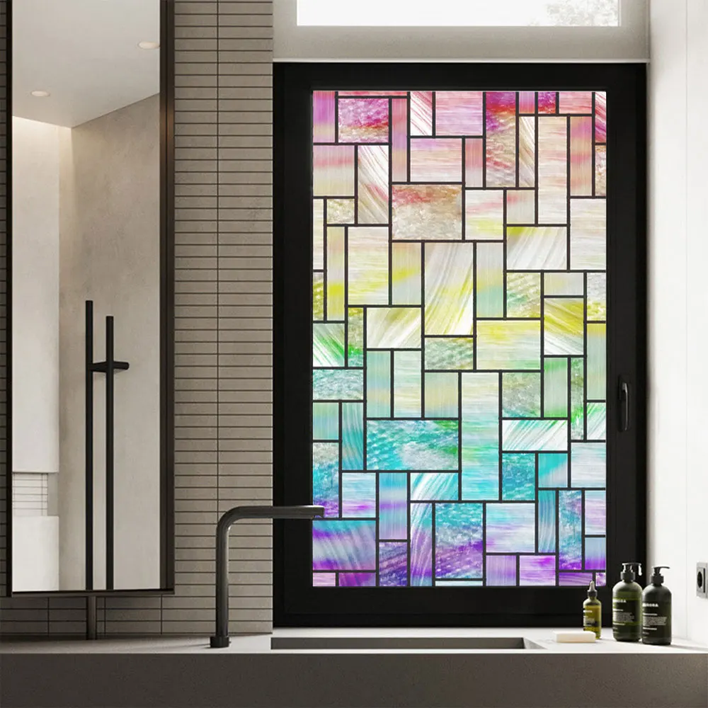 Anti UV Privacy Glass Window Frosted Film Church Style Colored Lattice Pattern Glue-Free Static Cling Glass Door Sticker